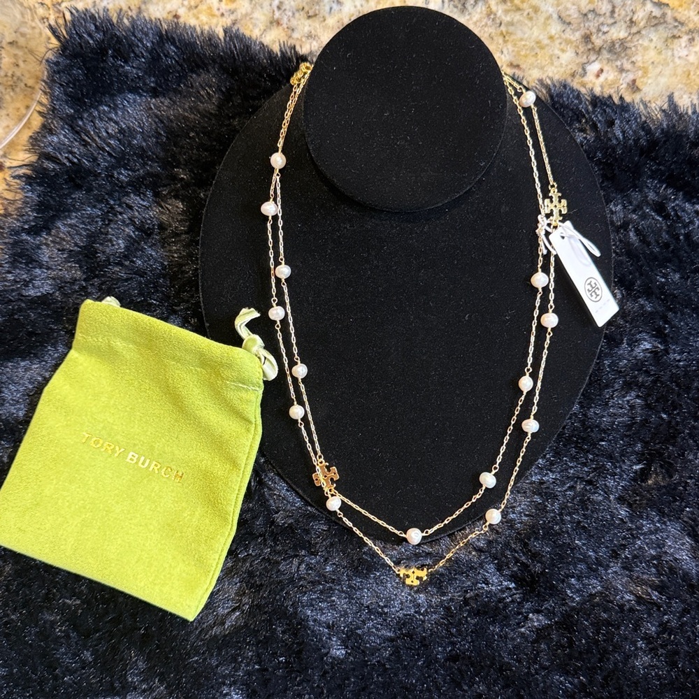 Tory Burch Gold and Pearl Necklace 22in drop